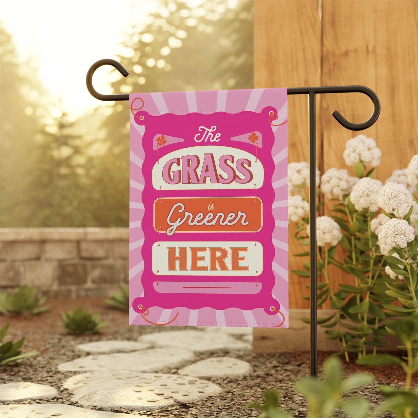 The Grass is Greener Here Garden Flag – Pink Irish Garden Decor