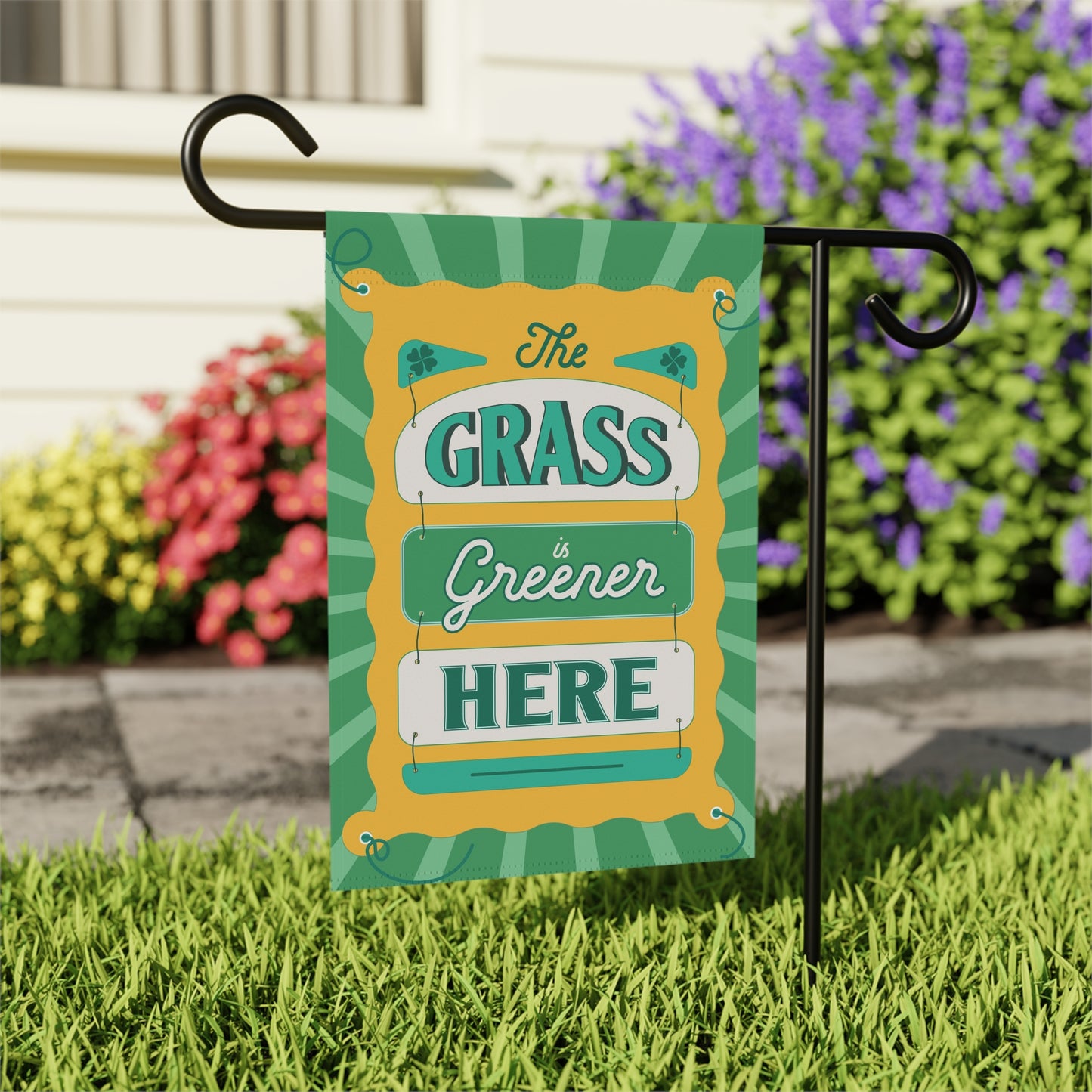 The Grass is Greener Here Garden Flag – Green Irish Garden Decor