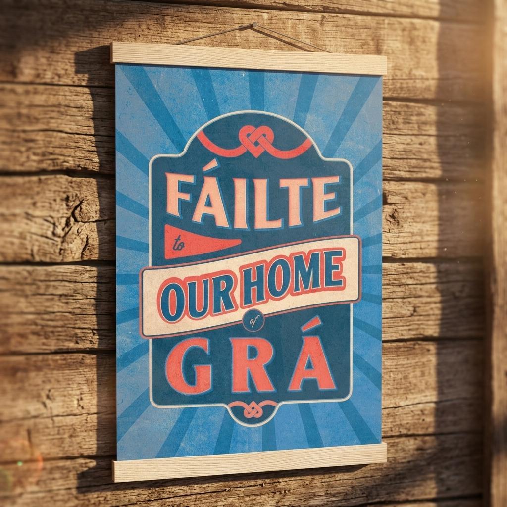 Fáilte to our home of grá - Irish Welcome Poster with Magnetic Hanger | Cozy Home Decor Gift | Burgundy