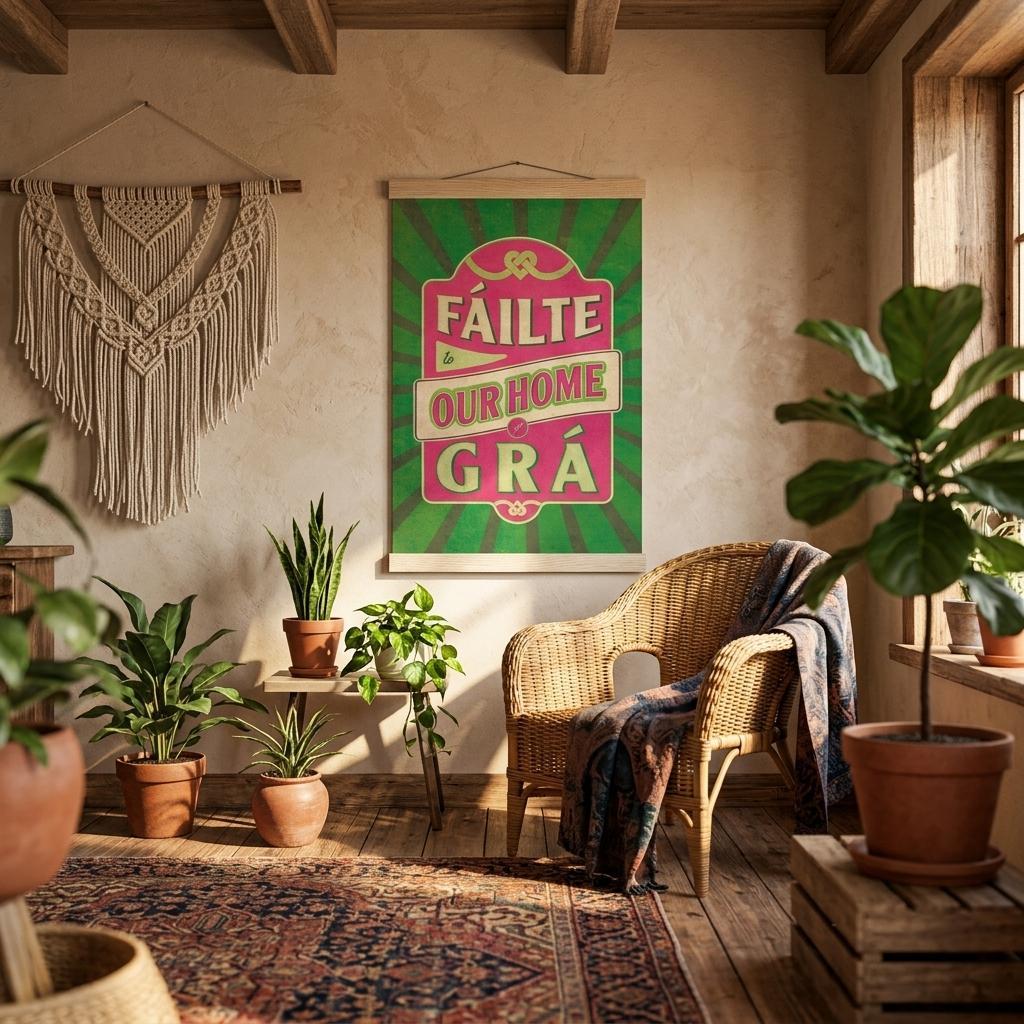 Fáilte to our home of grá - Irish Welcome Poster with Magnetic Hanger | Cozy Home Decor Gift I BLUE