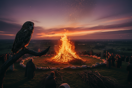 Samhain bonfire with owl, ancient Irish Halloween festival