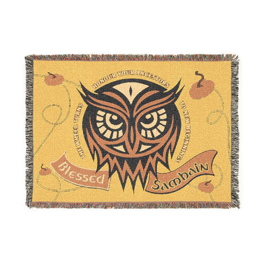 Blessed Samhain Woven Blanket | Celtic Owl Throw