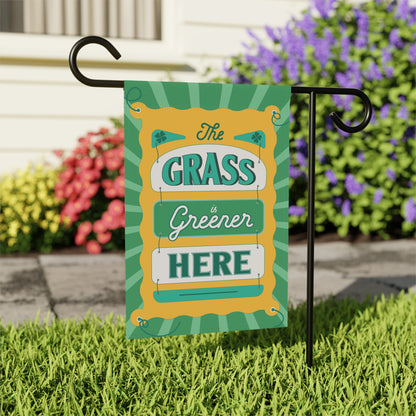 The Grass is Greener Here Garden Flag – Green Irish Garden Decor