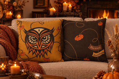 Samhain owl cushions on a cosy firelit sofa, front owl design and charcoal reverse with Blessed Samhain banners