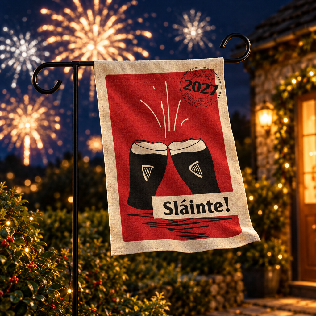 Sláinte 2027 flag fluttering with fireworks behind