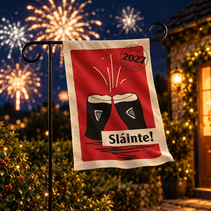 Sláinte 2027 flag fluttering with fireworks behind
