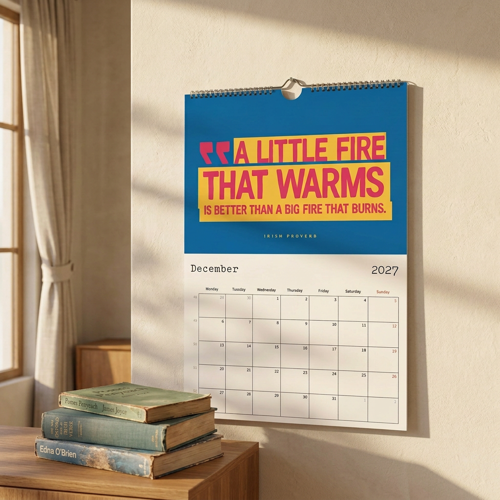 Sunlit Wallcraic calendar mockup with casually stacked Irish books instead of the vase