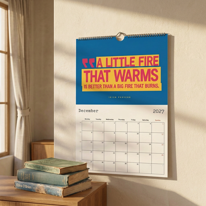 Sunlit Wallcraic calendar mockup with casually stacked Irish books instead of the vase